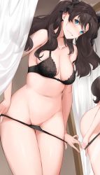Rule 34 | 1girl, absurdres, biting own lip, black bra, black panties, bra, breasts, embarrassed, fate/stay night, fate (series), highres, knatb, looking at viewer, mirror, panties, panty pull, solo, standing, stomach, thighs, tohsaka rin, underwear, underwear only, undressing