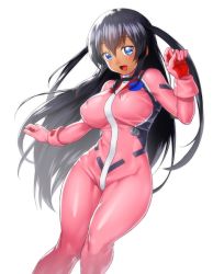 Rule 34 | 10s, 1girl, black hair, blue eyes, blush, bodysuit, breasts, captain earth, covered erect nipples, dark-skinned female, dark skin, large breasts, long hair, mutou hana, onsoku inu, open mouth, simple background, smile, solo, two side up, white background