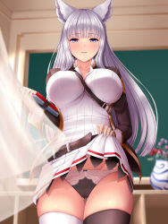 Rule 34 | 1girl, animal ears, between breasts, blue eyes, blunt bangs, blush, breasts, cameltoe, clothes lift, cowboy shot, curtains, dress, dress lift, erune, gluteal fold, granblue fantasy, hair ornament, half-closed eyes, highres, indoors, jacket, korwa, large breasts, lifted by self, long hair, long sleeves, looking at viewer, melopun, open clothes, open jacket, panties, parted lips, see-through, silver hair, smile, solo, strap between breasts, thighhighs, underwear, wind