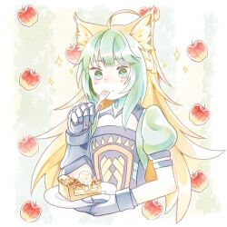 Rule 34 | 10kg 10k, 1girl, ahoge, animal ear fluff, animal ears, apple, atalanta (fate), black gloves, blonde hair, braid, dress, eating, fate/grand order, fate (series), food, food on face, food request, fruit, gloves, gradient hair, green dress, green eyes, green hair, highres, holding, holding plate, multicolored hair, plate, puffy short sleeves, puffy sleeves, short sleeves, sidelocks, solo, upper body, white background