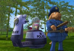 Rule 34 | 1boy, 1girl, age difference, bamboo, baton, blue skin, boots, child, colored skin, dog, dragon ball, dragon ball online, dragonball z, female majin, gloves, hat, hover scooter, majin (race), monster girl, motor vehicle, outdoors, perspective, police, police uniform, policeman, red eyes, scouter, shorts, side ponytail, sitting, size difference, smile, spread legs, standing, tank top, uniform, yellow shorts
