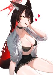 Rule 34 | 1girl, absurdres, animal ear fluff, animal ears, bare legs, black bra, black choker, black hair, black panties, blue archive, blush, bra, breasts, choker, eix2, fox ears, fox girl, fox tail, heart, heart-shaped pupils, highres, large breasts, long hair, looking at viewer, open clothes, open mouth, open shirt, panties, shirt, simple background, sitting, smile, solo, symbol-shaped pupils, tail, underwear, very long hair, wakamo (blue archive), white background, white shirt, yellow eyes