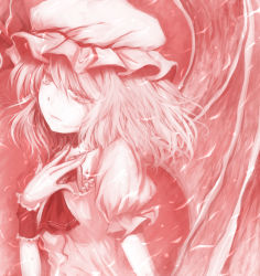 Rule 34 | 1girl, bat wings, female focus, hand on own chest, hat, monochrome, red eyes, red theme, remilia scarlet, ribbon, shimo (depthbomb), short hair, solo, touhou, wings