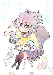 Rule 34 | 10s, 1girl, aoba (kancolle), armband, black thighhighs, blush, camera, chair, full body, glasses, green eyes, holding, holding camera, kantai collection, looking at viewer, messy hair, pink hair, ponytail, salute, school uniform, serafuku, simple background, sitting, skirt, sodapop (iemaki), solo, sweater around neck, thighhighs