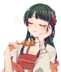Rule 34 | 1girl, bandaged arm, bandages, blunt bangs, chewing, closed eyes, closed mouth, commentary request, earrings, eating, flat chest, flower, food, green hair, hair flower, hair ornament, hair rings, highres, holding, holding food, holding skewer, jewelry, kusuriya no hitorigoto, long hair, makeup, maomao (kusuriya no hitorigoto), mascara, sasano-01, simple background, skewer, solo, sparkle, straight hair, white background