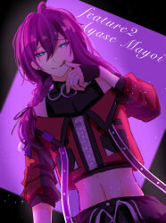 Rule 34 | 1boy, absurdres, aqua eyes, ayase mayoi, black background, black gloves, black pants, black ribbon, black shirt, braid, character name, crop top, ensemble stars!, fingerless gloves, gloves, hair ribbon, highres, jacket, licking, licking finger, long hair, male focus, mole, mole under mouth, multicolored background, off-shoulder jacket, off shoulder, official alternate costume, pants, purple background, purple hair, red jacket, remon aji no ame, ribbon, shirt, solo, tongue, tongue out