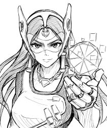 Rule 34 | 1girl, gloves, greyscale, holding, light, lineart, long hair, looking at viewer, monochrome, overwatch, overwatch 1, smile, solo, symmetra (overwatch), ten (tenchan man)