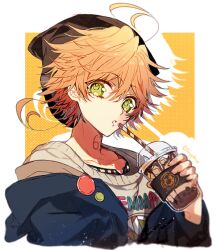 Rule 34 | 1girl, ahoge, black hat, blue jacket, bubble tea, cup, disposable cup, emma (yakusoku no neverland), green eyes, hand up, hat, ice, ice cube, jacket, looking at viewer, number tattoo, orange hair, parted lips, sapphire (nine), short hair, solo, sweater, tattoo, white sweater, yakusoku no neverland