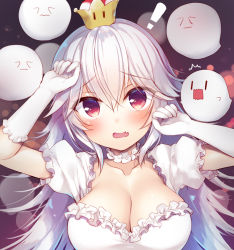 Rule 34 | !, 1girl, ^^^, blush, boo (mario), breasts, cleavage, collarbone, covering own eyes, crown, detached collar, dress, embarrassed, fang, frilled dress, frilled gloves, frilled sleeves, frills, gloves, hair between eyes, hands up, large breasts, long hair, looking at viewer, luigi&#039;s mansion, mario (series), new super mario bros. u deluxe, nintendo, open mouth, princess king boo, puffy short sleeves, puffy sleeves, red eyes, sazaki ichiri, short sleeves, silver hair, solo, super crown, upper body, white dress, white gloves
