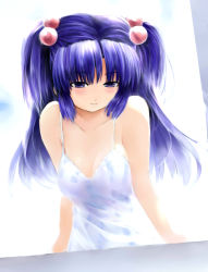 Rule 34 | 00s, 1girl, bad id, bad pixiv id, blue hair, breasts, clannad, cleavage, dress, hair bobbles, hair ornament, ichinose kotomi, long hair, medium breasts, purple eyes, solo, sundress, twintails, two side up, yostxxx