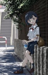 Rule 34 | 1girl, absurdres, animal, backpack, bag, black eyes, black hair, black skirt, black socks, bottle, breasts, brown footwear, cat, collared shirt, commentary request, day, dress shirt, fence, hasisisissy, highres, holding, holding bottle, loafers, neck ribbon, open mouth, original, outdoors, parted lips, pleated skirt, red ribbon, ribbon, shirt, shoes, short hair, skirt, small breasts, smile, socks, solo, water bottle, white shirt
