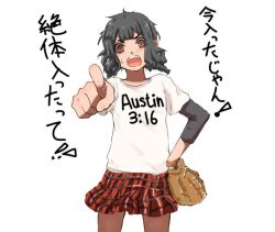 Rule 34 | 1girl, androgynous, angry, bad id, bad pixiv id, baseball glove, black hair, blush, brown eyes, hand on own hip, layered sleeves, lefty10, long sleeves, messy hair, miniskirt, open mouth, pantyhose, pointing, raglan sleeves, shirt, short over long sleeves, short sleeves, skirt, solo, t-shirt, tomboy, translation request