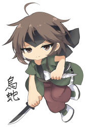 Rule 34 | 1other, ahoge, androgynous, black headband, brown eyes, brown hair, character name, chibi, closed mouth, coat, collared coat, commentary request, dagger, dual wielding, eyelashes, green coat, headband, highres, holding, holding dagger, holding knife, holding weapon, knife, kurohebi, len&#039;en, looking at viewer, open clothes, open coat, ougi hina, pants, red pants, shoes, short hair, short sleeves, single strap, smile, v-shaped eyebrows, weapon, white background, white footwear