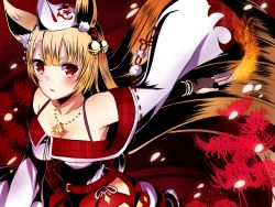 Rule 34 | 1girl, animal ears, bell, black gloves, blonde hair, blunt bangs, bracelet, breasts, cleavage, collarbone, divine gate, fingerless gloves, fire, floating hair, fox ears, fox mask, fox tail, gloves, hair bell, hair ornament, hakama, hakama skirt, holding, japanese clothes, jewelry, jingle bell, kimono, long hair, looking at viewer, mady (madine08260), mask, mask on head, medium breasts, necklace, off shoulder, outstretched arm, red eyes, red hakama, ribbon, ribbon-trimmed sleeves, ribbon trim, skirt, solo, tail, very long hair, white kimono, white ribbon