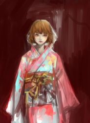 Rule 34 | 1girl, blunt bangs, bow, brown bow, brown eyes, brown hair, cowboy shot, highres, japanese clothes, kimono, long sleeves, looking at viewer, nyanpe, obi, original, portrait, red background, sash, short hair, solo, standing, wide sleeves