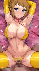 Rule 34 | 1boy, 1girl, areola slip, armpits, bed sheet, bikini, blue eyes, breasts, brown hair, commentary request, condom, condom wrapper, covered erect nipples, elbow gloves, female pubic hair, gloves, gundam, gundam build fighters, gundam build fighters try, heart, highres, hoshino fumina, large breasts, looking at viewer, lying, missionary, navel, nirowata, on back, pov, pubic hair, sex, short hair, smile, swimsuit, thighhighs, used condom, yellow bikini, yellow gloves, yellow thighhighs