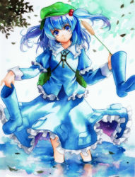 Rule 34 | 1girl, backpack, bad id, bad pixiv id, bag, blue eyes, blue hair, boots, cattail, female focus, geroro, hair bobbles, hair ornament, hat, holding, holding shoes, kawashiro nitori, matching hair/eyes, nature, outdoors, plant, randoseru, shoes, sky, solo, touhou, twintails, two side up, water