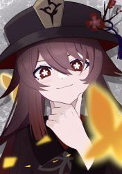 Rule 34 | 1girl, absurdres, black hat, blush, bug, butterfly, closed mouth, face, flower, genshin impact, gradient hair, hand on own chin, hat, highres, hu tao (genshin impact), insect, long hair, long sleeves, looking at viewer, multicolored hair, plum blossoms, red eyes, red hair, smile, solo, star-shaped pupils, star (symbol), symbol-shaped pupils, top hat, twintails, two-tone hair, yun (kbdenz9)