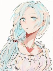 Rule 34 | 1girl, blue eyes, blue hair, breasts, chinese commentary, cleavage, collarbone, commentary request, earrings, enomoto noa, er san san san, frilled shirt, frills, hair bobbles, hair ornament, heart, heart necklace, highres, jewelry, light blue hair, low ponytail, medium breasts, necklace, open mouth, parted bangs, pink shirt, saibou shinkyoku, shirt, side ponytail, simple background, sketch, solo, star (symbol), star earrings, white background
