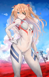 Rule 34 | 1girl, artist request, blue eyes, bodysuit, breasts, brown hair, evangelion: 3.0+1.0 thrice upon a time, hair between eyes, hand on own hip, highres, interface headset, long hair, looking at viewer, neon genesis evangelion, nipples, plugsuit, rebuild of evangelion, simple background, skin tight, sky, small breasts, solo, souryuu asuka langley, standing, twintails, very long hair, white bodysuit, wind