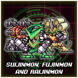 Rule 34 | armor, cannon, digimon, digimon (creature), fujinmon, pixel art, raijinmon, red eyes, robot, suijinmon, tail