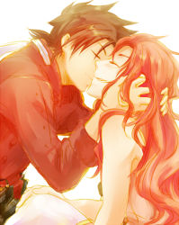 Rule 34 | 00s, 2boys, ^ ^, androgynous, bare shoulders, blush, brown hair, closed eyes, couple, hand in own hair, hand on own knee, kiss, lloyd irving, long hair, male focus, managi, multiple boys, open mouth, profile, red hair, short hair, simple background, smile, tales of (series), tales of symphonia, yaoi, zelos wilder