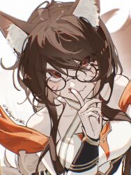 Rule 34 | 1girl, ahri (league of legends), animal ear fluff, animal ears, artist name, black hair, closed mouth, facial mark, fang, finger to mouth, fingernails, fox ears, glasses, hair between eyes, highres, immortalized legend ahri, league of legends, light particles, long hair, looking at viewer, nail polish, official alternate costume, red eyes, red nails, shark (theelegantshark), sidelocks, skin fang, smile, solo, whisker markings