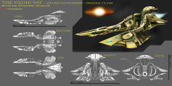 Rule 34 | alj0708, amarr empire (eve online), battleship (eve online), character sheet, commentary, concept art, english text, eve online, from side, glowing, highres, military vehicle, multiple views, no humans, original, outdoors, science fiction, space, spacecraft, spaceship, star (sky), thrusters, vehicle focus