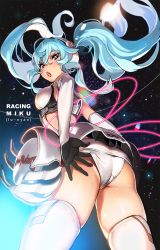 Rule 34 | 1girl, aqua eyes, aqua hair, ass, bad id, bad pixiv id, character name, elbow gloves, floating hair, from behind, gloves, gradient background, hatsune miku, headphones, highres, long hair, looking back, open mouth, race queen, racing miku, racing miku (2014), solo, thighhighs, twintails, uzubilla, vocaloid