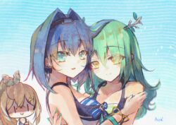 Rule 34 | 3girls, antlers, asashi kaede, bare shoulders, bikini, black hair, blue bikini, blue nails, blush, blush stickers, bow, bow earrings, bracelet, breasts, brown hair, ceres fauna, chain headband, chibi, commentary, earrings, green bikini, green hair, green nails, hair intakes, headband, hololive, hololive english, hololive summer 2023 swimsuit, horns, hug, jewelry, large breasts, layered bikini, long hair, looking at viewer, multiple girls, nail polish, nanashi mumei, official alternate costume, ouro kronii, parted lips, ponytail, striped bikini, striped clothes, swimsuit, virtual youtuber, watercolor effect, yellow eyes