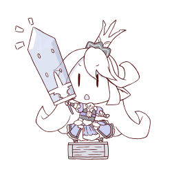 Rule 34 | 10s, 1girl, :o, arm warmers, armor, armored dress, black eyes, blue dress, boots, box, breastplate, charlotta (granblue fantasy), chibi, crown, crystal sword, dress, frilled dress, frills, full body, granblue fantasy, harvin, highres, holding, holding sword, holding weapon, long hair, looking up, on box, open mouth, outstretched arms, parted bangs, pointy ears, puffy short sleeves, puffy sleeves, reinaru, see-through, short sleeves, simple background, solo, spot color, sword, very long hair, weapon, white background, white hair, | |