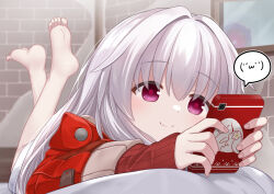 Rule 34 | 1girl, absurdres, barefoot, blurry, blurry background, cellphone, clara (honkai: star rail), closed mouth, commentary request, feet, feet up, foreshortening, full body, grey hair, hair between eyes, hair intakes, highres, hino (2nd life), holding, honkai: star rail, honkai (series), indoors, jacket, long sleeves, lying, on stomach, phone, purple eyes, red jacket, sidelocks, skirt, smartphone, smile, soles, solo, the pose, toes, white skirt
