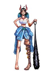 Rule 34 | 1girl, absurdres, ahoge, bandaged chest, bead necklace, beads, blue skirt, boots, breasts, brown eyes, club, club (weapon), commentary, eiichiroyoda, english commentary, freckles, full body, grin, hand on own hip, highres, horns, if they mated, jewelry, kanabou, large breasts, low twintails, medium hair, multicolored hair, navel, necklace, oda eiichirou (style), one piece, original, portgas d. ace, shoulder tattoo, simple background, single barefoot, skirt, smile, tattoo, thigh boots, topless, twintails, weapon, white background, yamato (one piece)