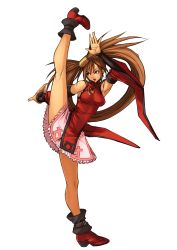 Rule 34 | 1girl, absurdres, arc system works, armpits, boots, brown eyes, brown hair, detached sleeves, full body, guilty gear, guilty gear xx, guilty gear xx accent core, hair rings, high heel boots, high heels, high kick, highres, kicking, kuradoberi jam, long hair, non-web source, official art, simple background, solo, split, standing, standing on one leg, very long hair, white background