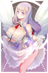 Rule 34 | 1girl, azur lane, between breasts, blunt bangs, blush, breasts, cleavage, clothes lift, covered erect nipples, detached collar, glint, gloves, hair ornament, half gloves, highres, large breasts, lifting own clothes, light smile, looking at viewer, nipples, panties, parted lips, plymouth (azur lane), purple eyes, purple hair, purple panties, see-through, see-through skirt, side-tie panties, skirt, skirt lift, solo, standing, supurai, underwear, white gloves, white skirt