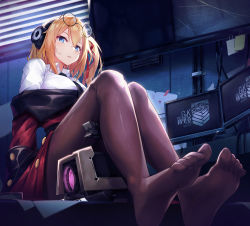 Rule 34 | 1girl, alternate costume, arm support, black-framed eyewear, black necktie, black pantyhose, window blinds, blonde hair, blue eyes, blush, breasts, broken screen, coat, collared shirt, desk, dinergate (girls&#039; frontline), eyewear on head, feet, foot focus, foreshortening, girls&#039; frontline, glasses, gloves, griffin &amp; kryuger military uniform, hair between eyes, hair ornament, hair ribbon, highres, indoors, kalina (girls&#039; frontline), large breasts, long hair, looking at viewer, monitor, necktie, no shoes, off shoulder, on desk, open clothes, open coat, open mouth, pantyhose, parted lips, pot-palm, red coat, red ribbon, ribbon, round eyewear, shirt, side ponytail, sitting, sleeve cuffs, soles, solo, toes, white shirt