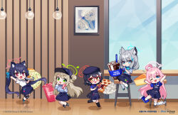 Rule 34 | 5girls, absurdres, ahoge, animal ears, artist request, ayane (blue archive), black footwear, black hair, black headwear, black skirt, black socks, blue archive, blue eyes, blue halo, blue shirt, blush, bucket, cake, cake slice, cat ears, closed mouth, coffee, collared shirt, cross hair ornament, doughnut, drinking straw, ediya coffee, extra ears, fang, food, glasses, green halo, grey hair, hair between eyes, hair ornament, halo, hat, highres, hoshino (blue archive), light brown hair, long hair, medium hair, mismatched pupils, mop, multiple girls, nonomi (blue archive), official art, one eye closed, open mouth, pink hair, pink halo, pleated skirt, pointy ears, red-framed eyewear, red eyes, red halo, serika (blue archive), shiroko (blue archive), shirt, shoes, short hair, skirt, smile, socks, waffle, white footwear, white shirt, white socks, wolf ears, yellow eyes