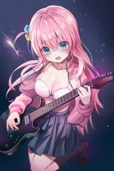 Rule 34 | 1girl, :o, blue eyes, blush, bocchi the rock!, bra, breasts, brown footwear, cleavage, commentary, cube hair ornament, foot up, gotoh hitori, green eyes, hair between eyes, hair ornament, highres, holding, holding instrument, instrument, jacket, kneehighs, large breasts, long hair, luna nyann, medium breasts, miniskirt, music, one side up, open clothes, open jacket, open mouth, pink hair, pink jacket, playing instrument, shoes, skirt, socks, solo, tears, track jacket, underwear, white bra, zipper
