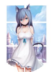 Rule 34 | 1girl, animal ears, bare shoulders, black choker, blue eyes, blue hair, blue ribbon, blue sky, blush, breasts, cat ears, cat girl, cat tail, choker, cleavage, closed mouth, cloud, commentary request, cowboy shot, day, dress, feathers, hair between eyes, head tilt, highres, karin (fineyanny), long hair, looking at viewer, medium breasts, original, revision, ribbon, sky, sleeveless, sleeveless dress, smile, solo, tail, white dress, window
