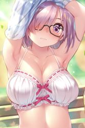 Rule 34 | 1girl, armpits, arms behind head, arms up, bare shoulders, blush, bra, breasts, cleavage, closed mouth, clothes lift, collarbone, fate/grand order, fate (series), glasses, hair over one eye, hamadamiku01, highres, large breasts, leaf, lens flare, light particles, light purple hair, looking at viewer, mash kyrielight, navel, purple eyes, shirt lift, short hair, solo, underwear, white bra