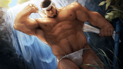 Rule 34 | 1boy, abs, armpit hair, armpits, bara, beard, biceps, black hair, bulge, bush, chest hair, day, facial hair, fundoshi, gyee, hairy, headband, highres, japanese clothes, large pectorals, leaf, looking at viewer, male focus, male underwear, manly, mature male, muscular, muscular male, navel, navel hair, nipples, no pants, official art, pectorals, pulling, ranmaru (gyee), rock, scar, scar on arm, short hair, sky, solo, tarutoru, thick arms, thick eyebrows, thick thighs, thighs, topless male, towel, tree, underwear, water, water drop, waterfall, wet, wet clothes, wet fundoshi