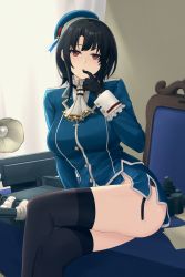 Rule 34 | 1girl, beret, black gloves, black hair, blue hat, blue jacket, breasts, crossed legs, desk, finger to mouth, garter straps, gloves, hat, highres, indoors, jacket, kantai collection, large breasts, looking at viewer, odachu, on desk, red eyes, short hair, sidelocks, sitting, solo, takao (kancolle), thighhighs, turret