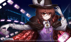 Rule 34 | 1girl, absurdres, black-framed eyewear, black cape, black hat, bow, brown eyes, brown hair, cape, chinese commentary, cityscape, collared shirt, commentary request, hand on headwear, hat, hat bow, highres, long sleeves, looking at viewer, low twintails, medium hair, parted lips, quimbaya airplane, runes, semi-rimless eyewear, shirt, signature, solo, top-exerou, touhou, twintails, under-rim eyewear, upper body, usami sumireko, white bow, zener card