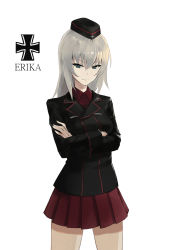 Rule 34 | 10s, 1girl, black hat, black jacket, blue eyes, closed mouth, cowboy shot, cross, crossed arms, dress shirt, emblem, english text, garrison cap, girls und panzer, hat, iron cross, itsumi erika, jacket, long hair, long sleeves, looking at viewer, military, military hat, military uniform, miniskirt, multiple girls, pleated skirt, pravda (emblem), red shirt, red skirt, shirt, silver hair, simple background, skirt, solo, standing, thorn (ashthorn), uniform, white background