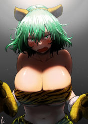 Rule 34 | 1girl, animal ears, animal hands, animal print, bare shoulders, blush, breasts, cleavage, collarbone, fake animal ears, fang, gloves, gradient background, green eyes, green hair, grey background, hair between eyes, highres, huge breasts, koyubi (littlefinger1988), light particles, looking at viewer, medium hair, navel, open mouth, paw gloves, simple background, soga no tojiko, solo, tiger ears, tiger print, touhou, upper body