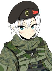 Rule 34 | 1girl, beret, black hat, blue eyes, camouflage, camouflage jacket, closed mouth, hair between eyes, hat, jacket, long sleeves, looking at viewer, military, military hat, military uniform, original, sayossa (pak-front), simple background, smile, solo, uniform, vest, white background, white hair
