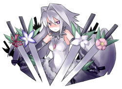 Rule 34 | 1girl, bare shoulders, breasts, dual wielding, elbow gloves, engi threepiece, flower, frown, gloves, grey hair, holding, jewelry, kugelschreiber, long hair, necklace, purple eyes, solo, sword, symbol-shaped pupils, weapon, yumekui merry