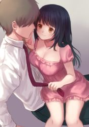 Rule 34 | 1boy, 1girl, :3, black hair, blush, breasts, brown eyes, brown hair, cleavage, collarbone, couple, dress, finger to another&#039;s mouth, gradient background, grey background, hetero, large breasts, long hair, long sleeves, looking at another, necktie, necktie grab, neckwear grab, nishizawa, original, pants, pink dress, shirt, short hair, short sleeves, sitting, sitting on lap, sitting on person, wing collar