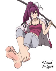 Rule 34 | 1girl, absurdres, artist logo, artist name, barefoot, breasts, closed mouth, collarbone, commentary, commission, crop top, crossed legs, english commentary, feet, foot focus, foreshortening, full body, grey pants, hair between eyes, hair ribbon, hand on own hip, hand up, high side ponytail, highres, holding, jacket, jacket on shoulders, katana, large breasts, leaning back, lewdsaiga, long hair, looking at viewer, midriff, pants, ponytail, purple hair, red eyes, ribbon, sidelocks, simple background, smile, soles, solo, sword, toenails, toes, under night in-birth, weapon, white background, white ribbon, yuzuriha (under night in-birth)
