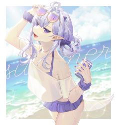 Rule 34 | 1girl, adjusting eyewear, bare shoulders, beach, can, cloud, cloudy sky, eyewear on head, highres, holding, holding can, horns, long hair, looking at viewer, nail polish, ocean, open mouth, outdoors, pointy ears, purple eyes, purple hair, purple nails, purple skirt, shirt, short sleeves, skirt, sky, smile, sunglasses, swimsuit, swimsuit under clothes, tail, wenz, wet, wet clothes, wet shirt, white shirt